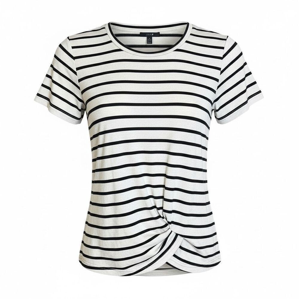 Joe's Chloe Breton Stripe Crossover Front Short Sleeve Knit Top Black White XL